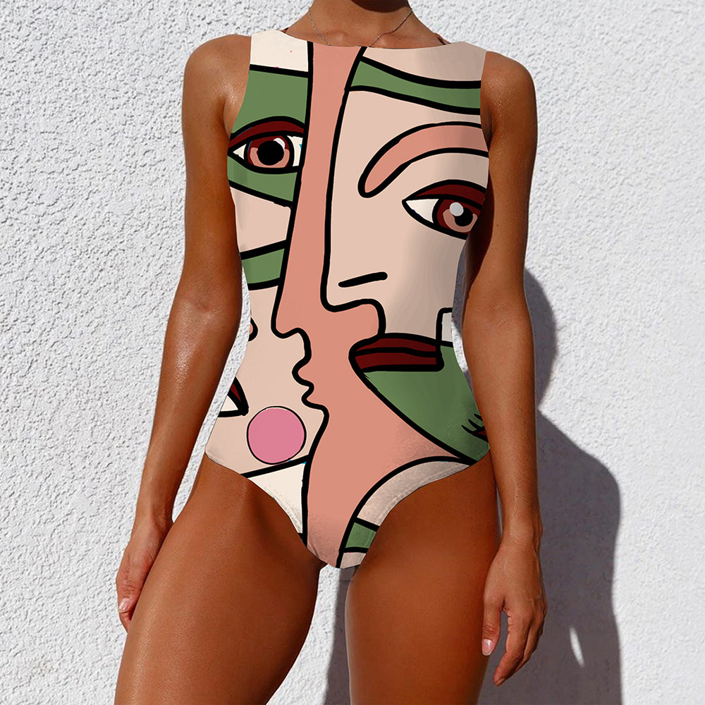 vintage Face print One Piece swimsuit