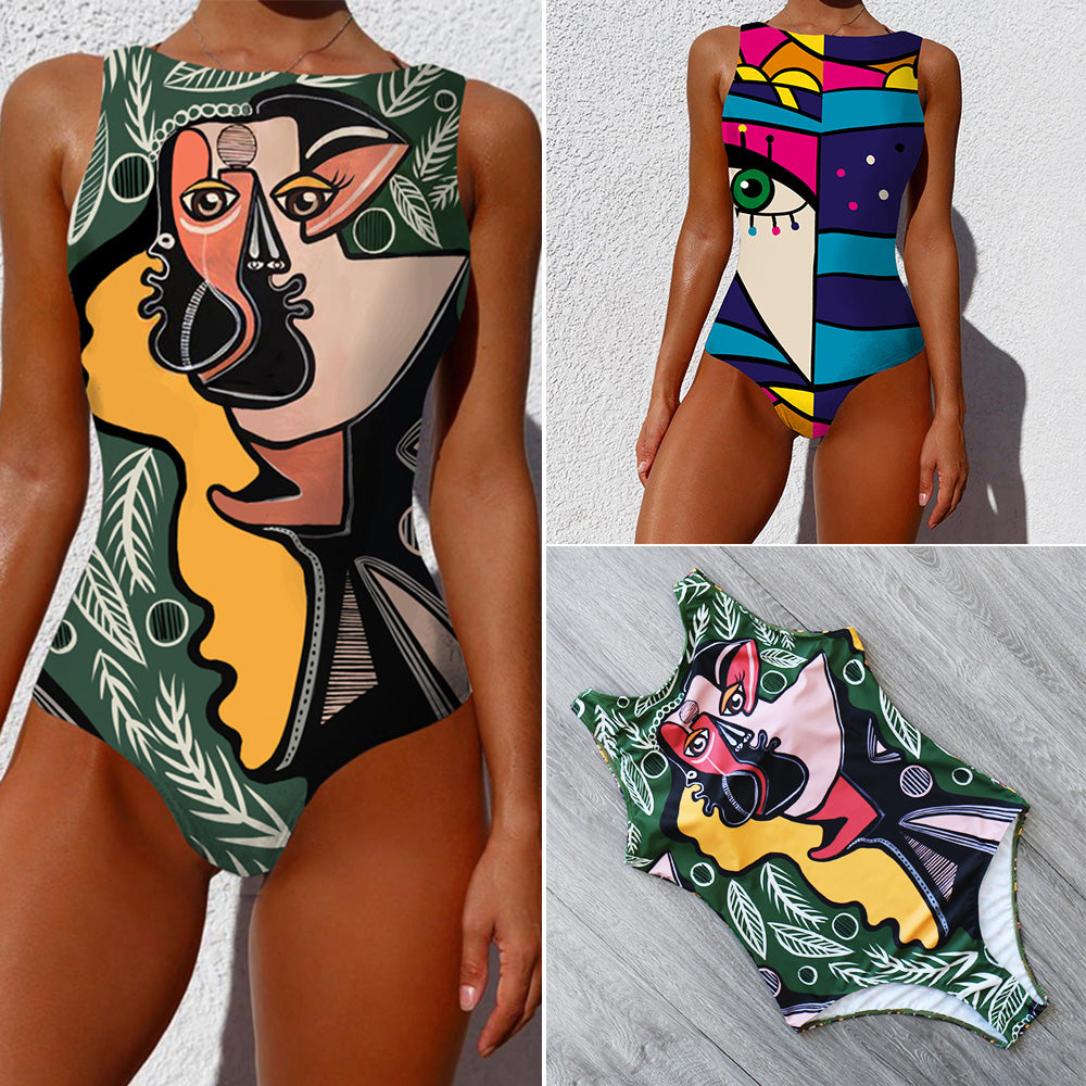 vintage Face print One Piece swimsuit