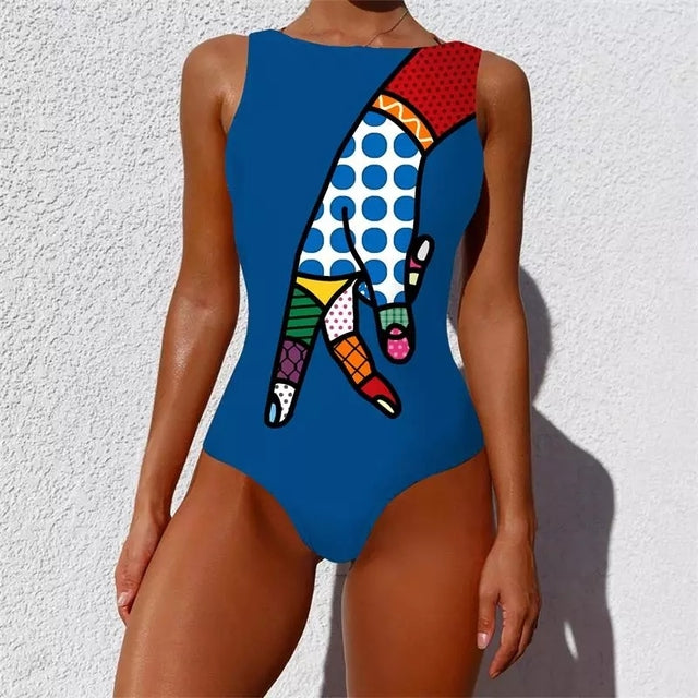 vintage Face print One Piece swimsuit